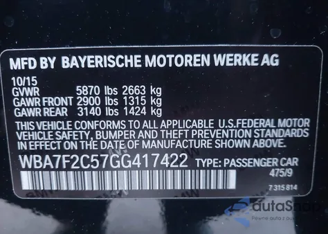 2016 BMW 750I xDrive from USA, damaged, VIN WBA7F2C57GG417422